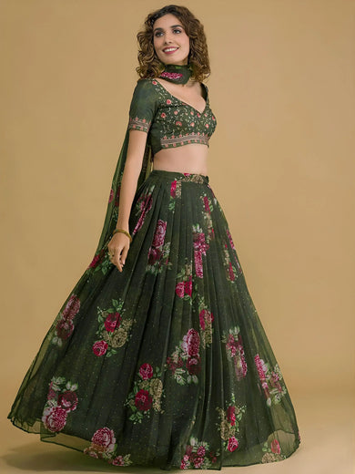 Green Floral Printed Organza Lehenga Choli With Dupatta